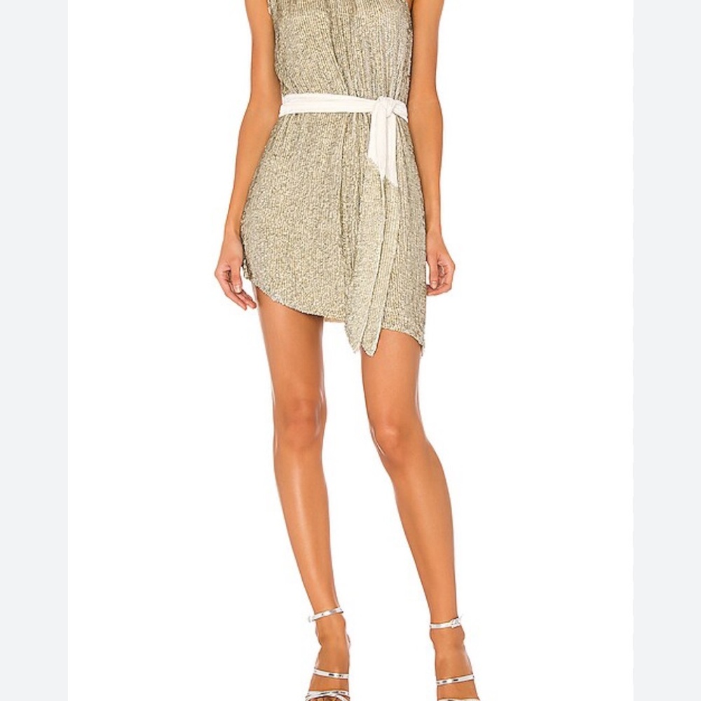 Retrofete one shoulder Elegant Gold Dress with Belt